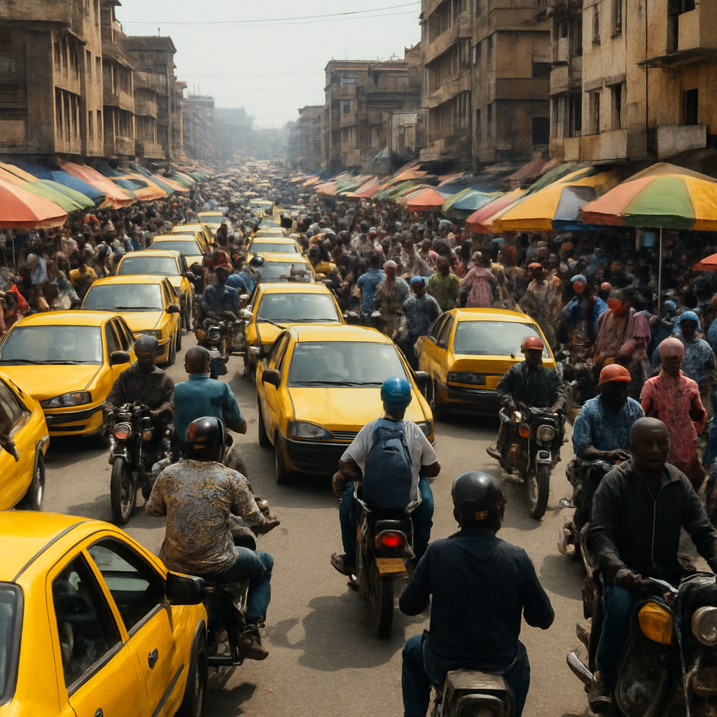 A busy street of informal transport in a West African city