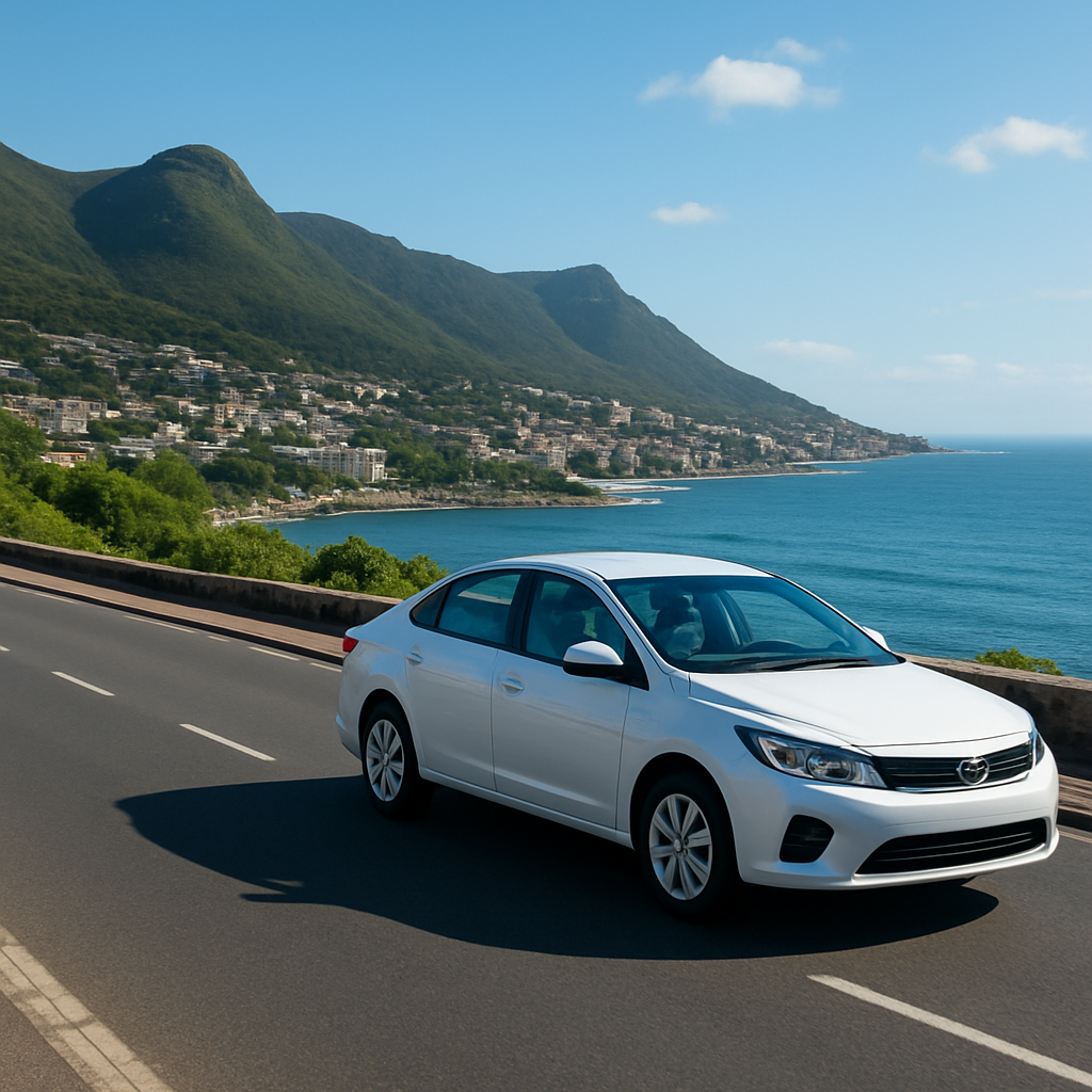 A white sedan driving on a clean coastal road in an African city